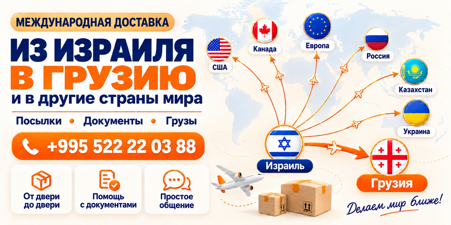 Международная доставка из Израиля в Грузию, Канаду, США, Европу, Россию, Казахстан и Украину. Посылки, документы и грузы. Телефон: +995 522 22 03 88.
